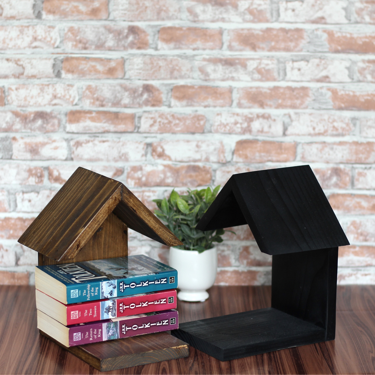 wooden house shaped book holder with built in bookmark