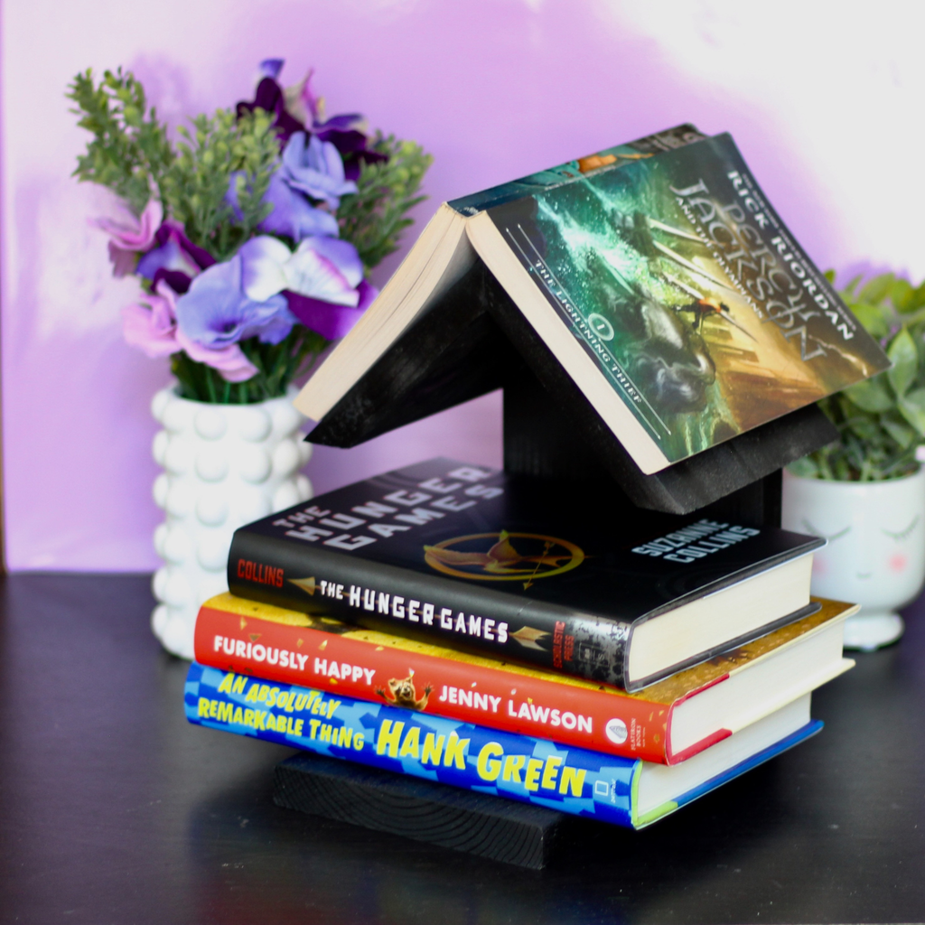 black modern wooden house shaped book holder with built in bookmark gift for book lovers 