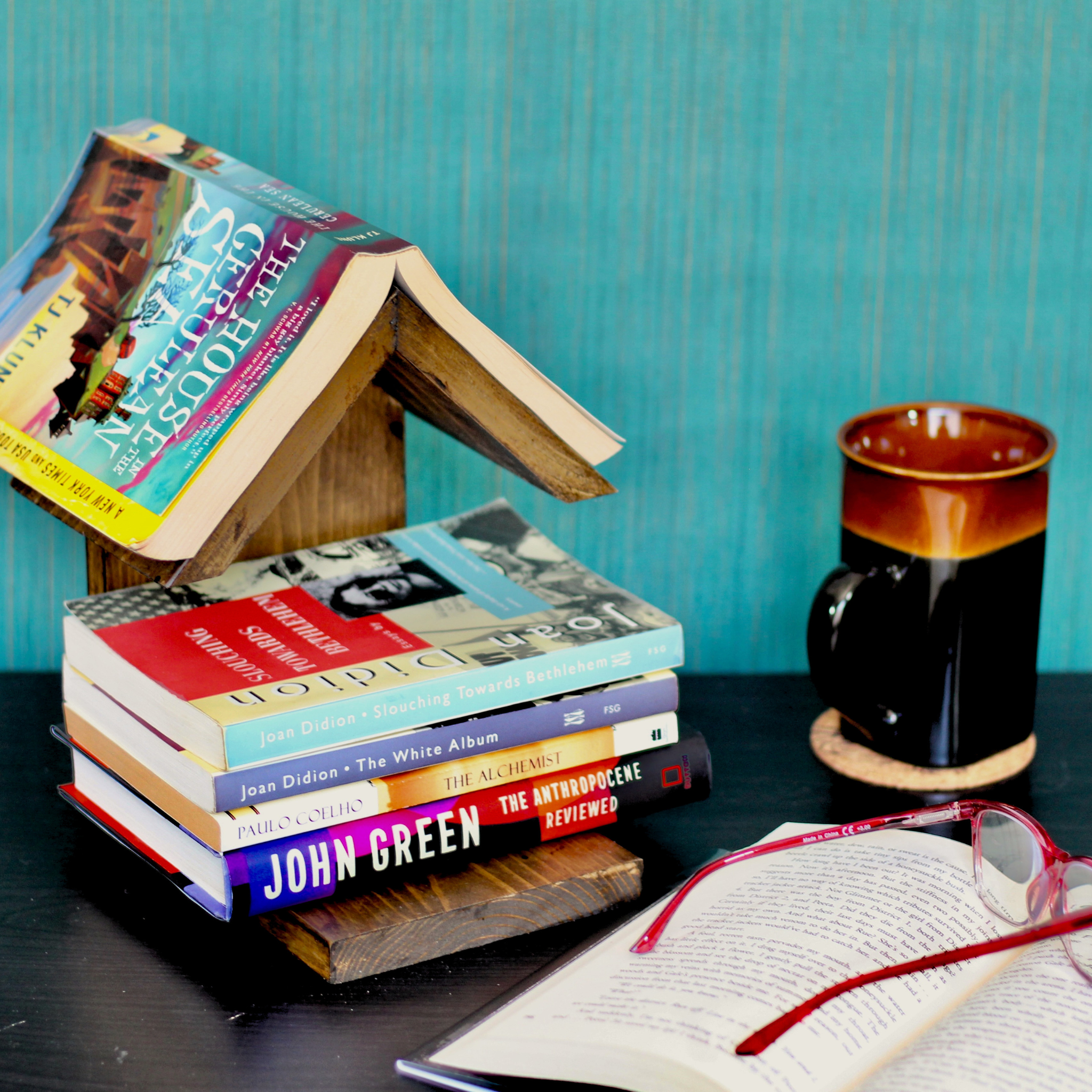 rustic wooden house shaped book holder with built in bookmark gift for book lovers 