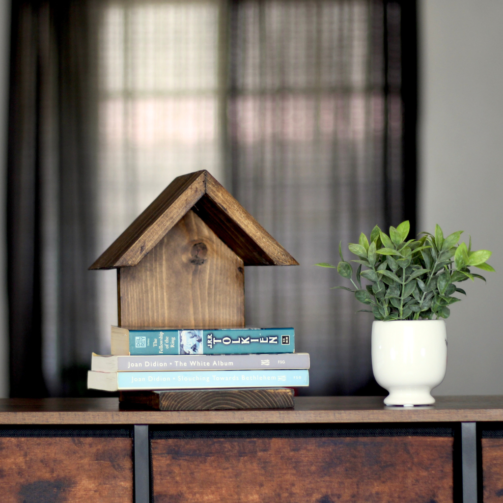 Rustic wooden house shaped book holder with built in bookmark gift for book lovers 