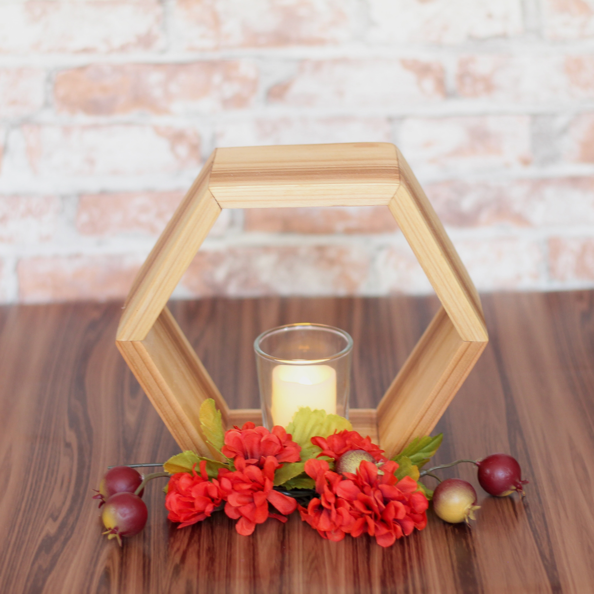 Set of 2 light wood hexagon candle holders glass votive holder fall centerpiece home decor