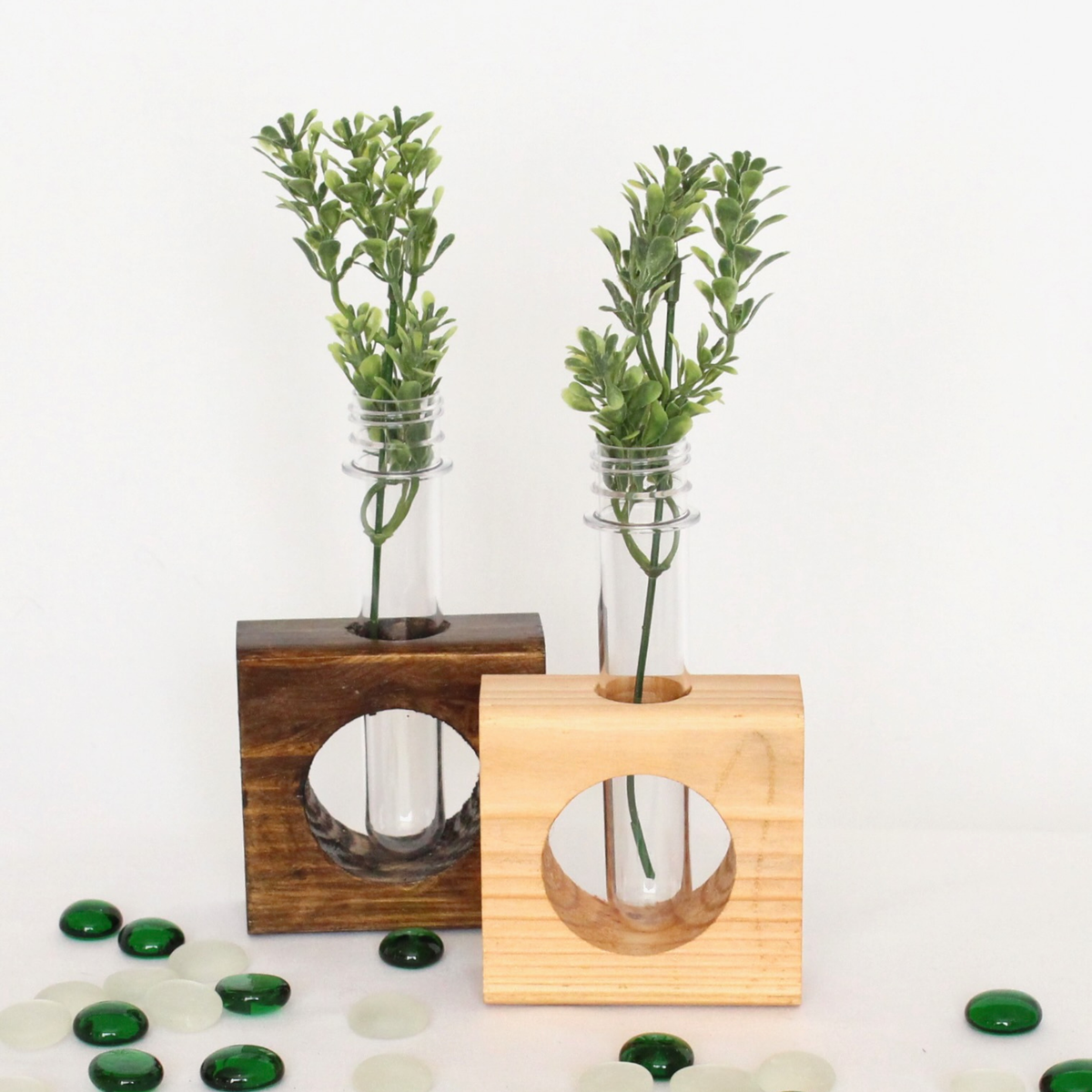 Set of 2 Wooden bud vases with test tube flower holders minimalist desk decor 