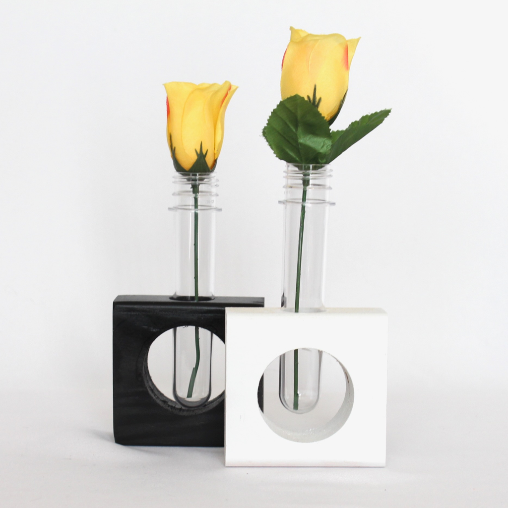 Set of 2 black and white Wooden bud vases with test tube flower holders desk decor