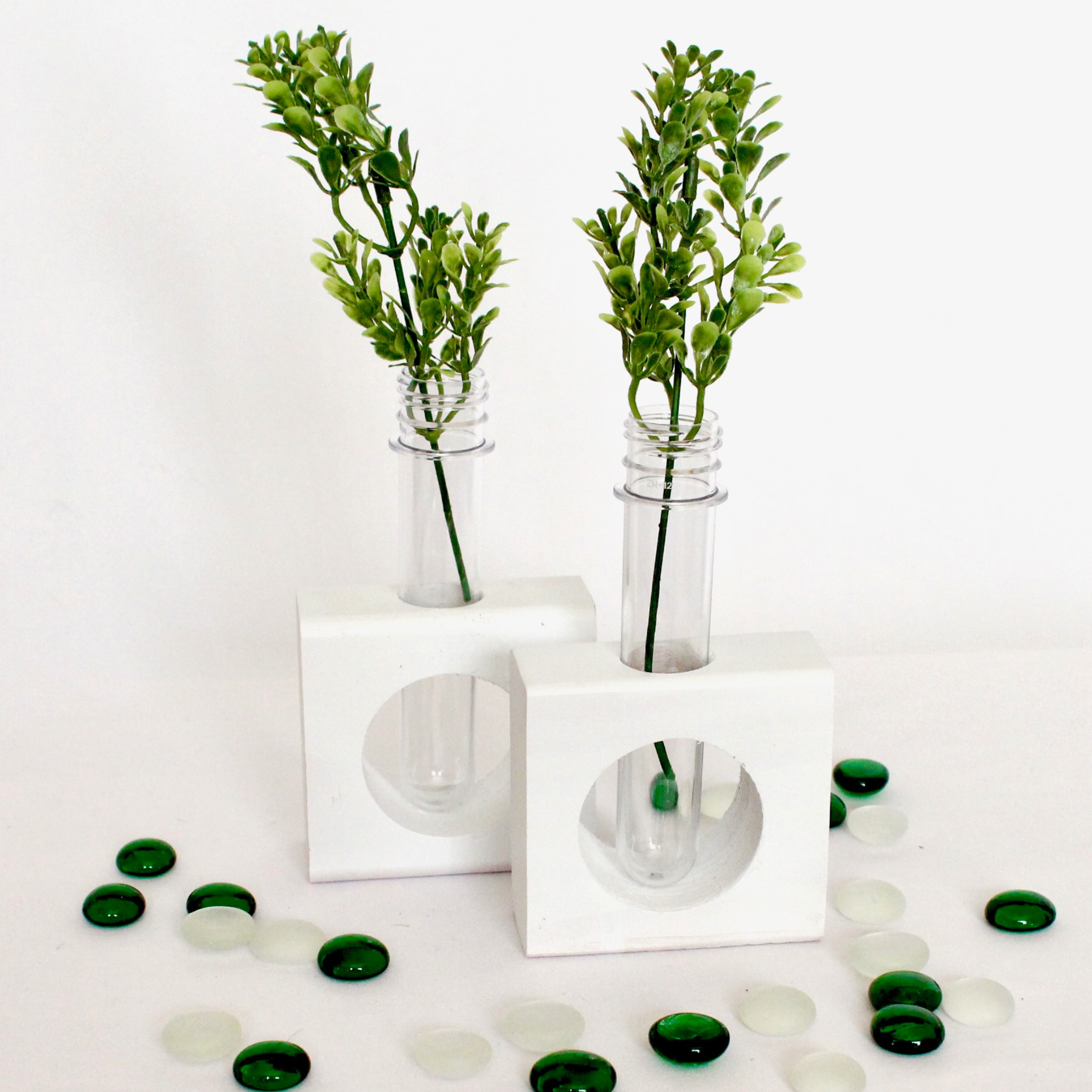 Set of 2 white Wooden bud vases with test tube flower holders minimalist desk decor 