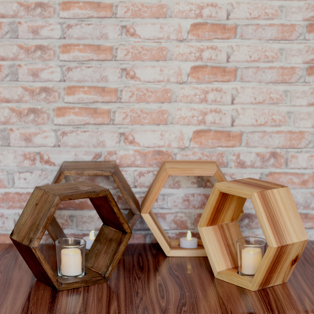 Set of 2 wooden hexagon candle holders glass votive holder centerpiece home decor