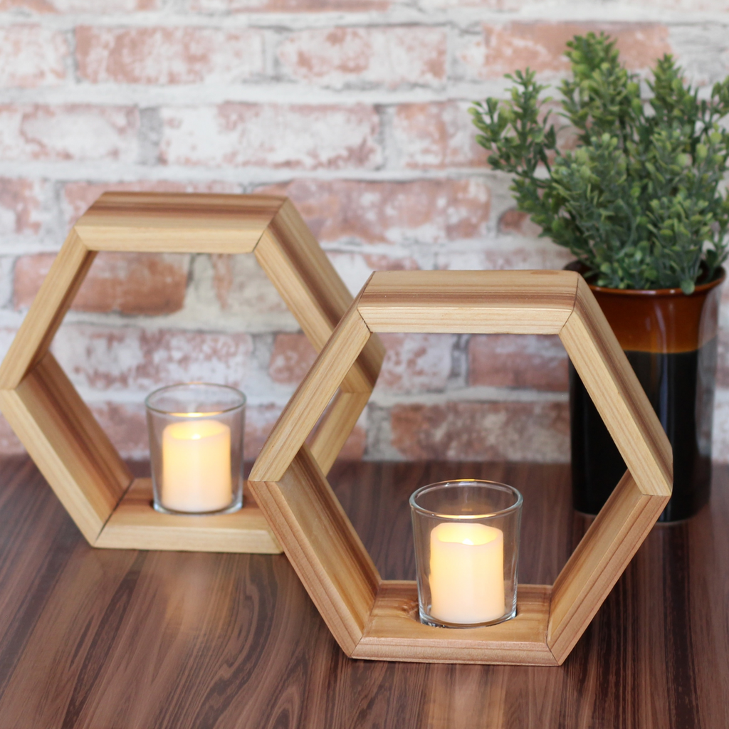 Set of 2 wooden hexagon candle holders  in cedar with glass votive holder centerpiece home decor