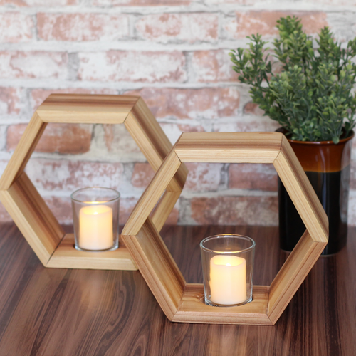 Set of 2 wooden hexagon candle holders  in cedar with glass votive holder centerpiece home decor
