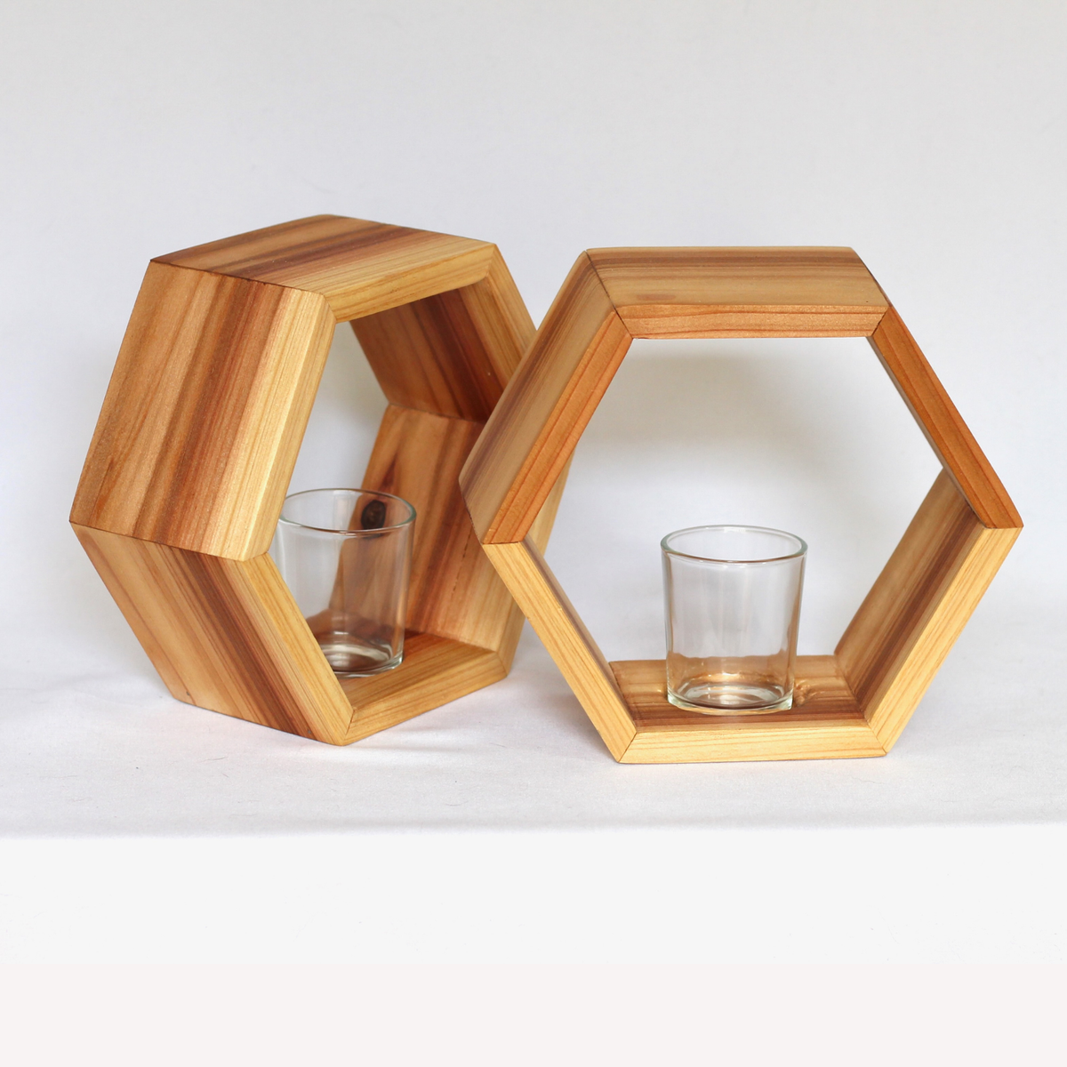 Set of 2 light wood hexagon candle holders glass votive holder centerpiece home decor