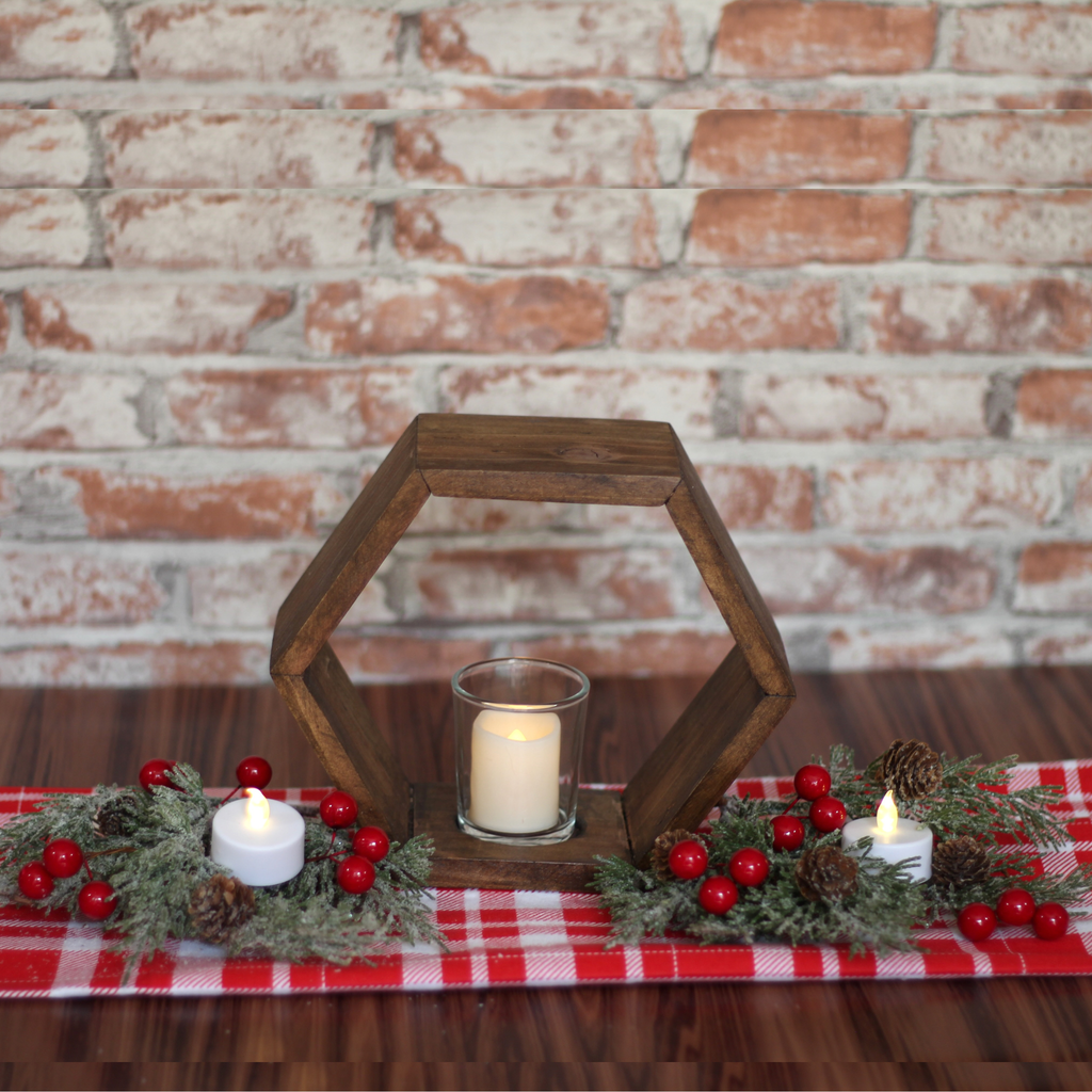 Set of 2 wooden hexagon candle holders glass votive holder holiday centerpiece home decor