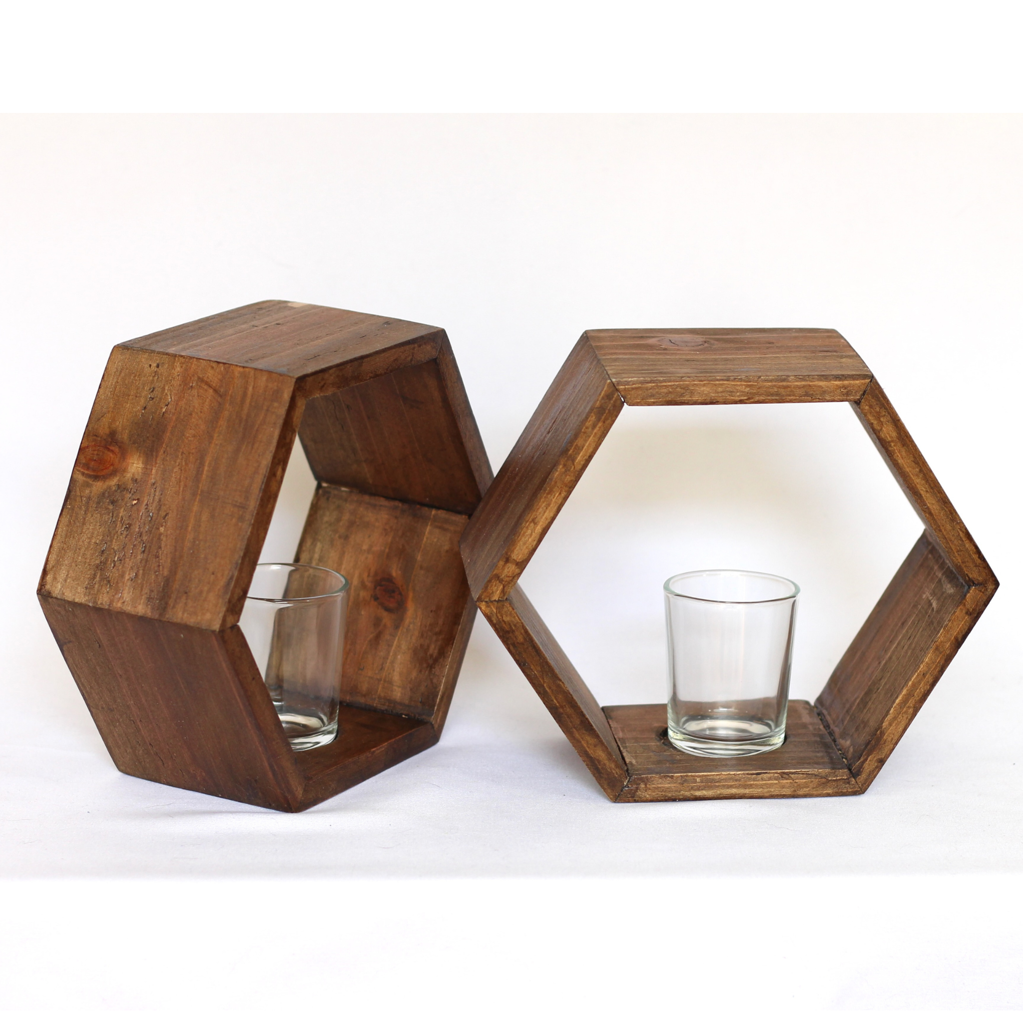 Set of 2 wooden hexagon candle holders glass votive holder centerpiece home decor