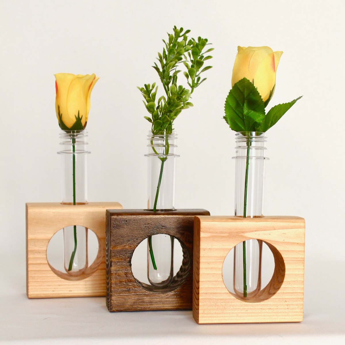 Set of 3 Wooden bud vases with test tube flower holders minimalist desk decor 