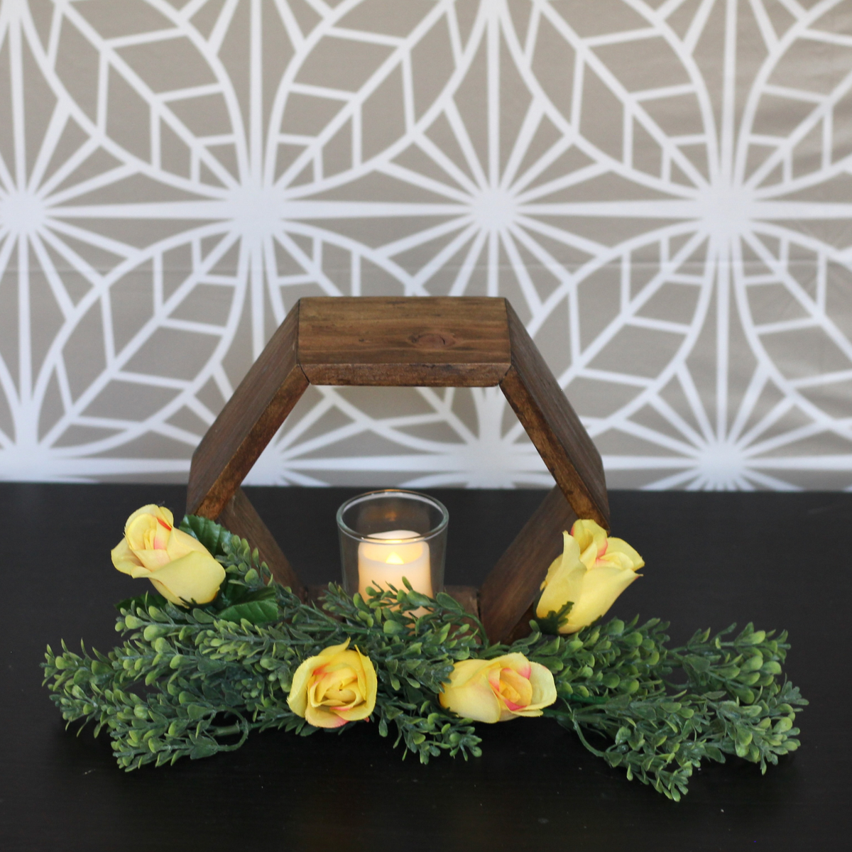 Set of 2 wooden hexagon candle holders glass votive holder centerpiece home decor