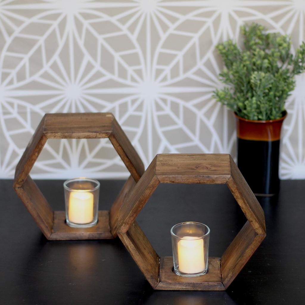 Set of 2 wooden hexagon candle holders glass votive holder centerpiece home decor