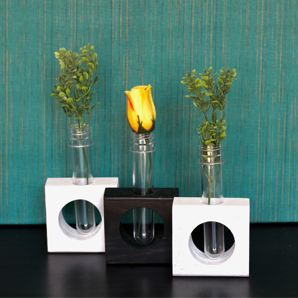 Set of 3 Black and whitw Wooden bud vases with test tube flower holders minimalist desk decor 