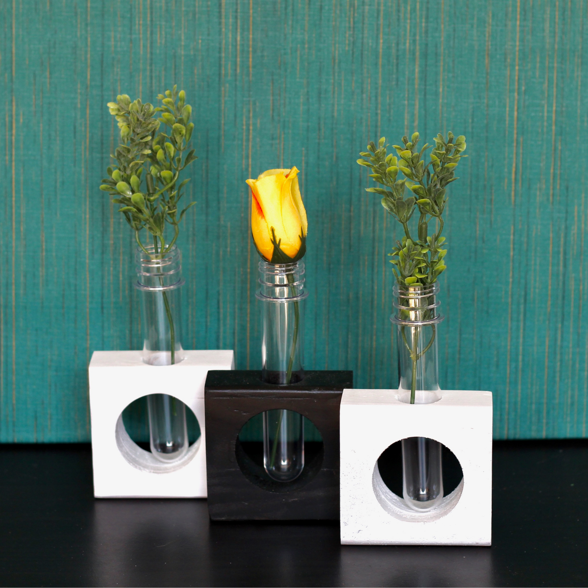 Set of 3 Black and whitw Wooden bud vases with test tube flower holders minimalist desk decor 