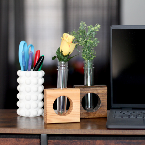 Set of 2 Wooden bud vases with test tube flower holders desk decor
