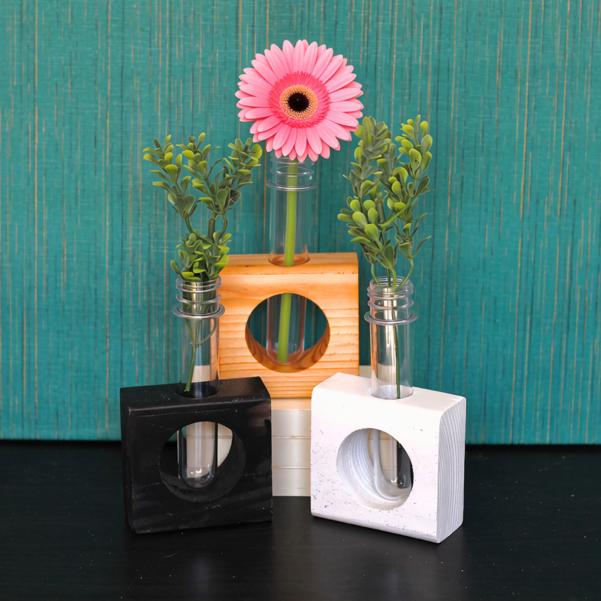 Set of 3 black white and Wooden bud vases with test tube flower holders minimalist desk decor 