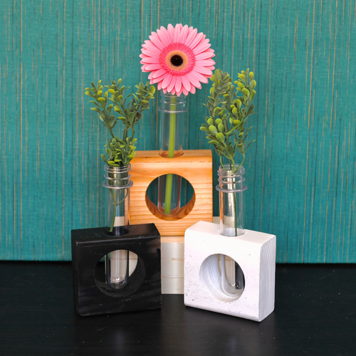 Set of 3 black white and Wooden bud vases with test tube flower holders minimalist desk decor 