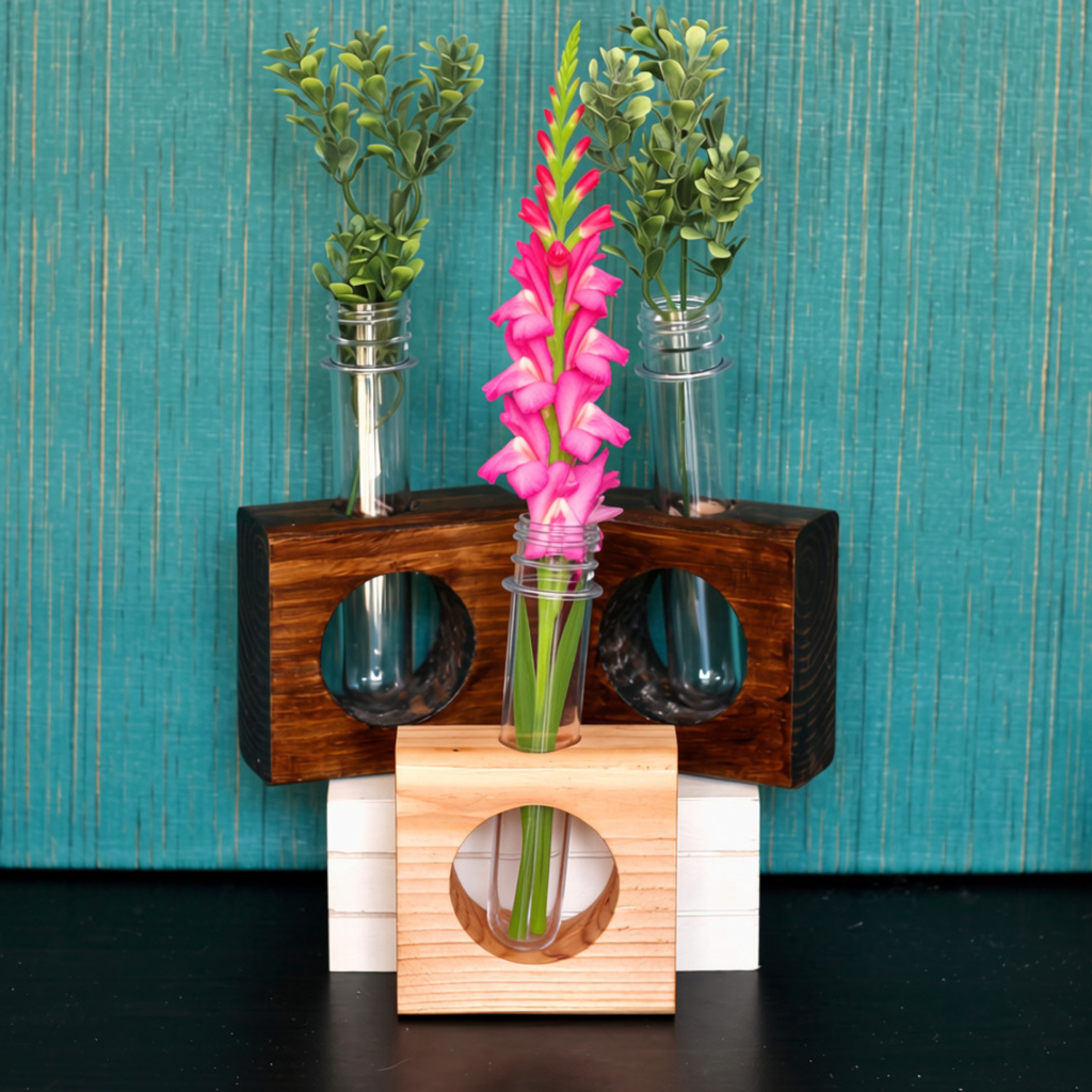 Set of 3 Wooden bud vases with test tube flower holders minimalist desk decor 