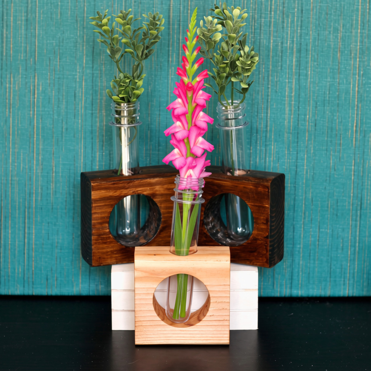 Set of 3 Wooden bud vases with test tube flower holders minimalist desk decor 