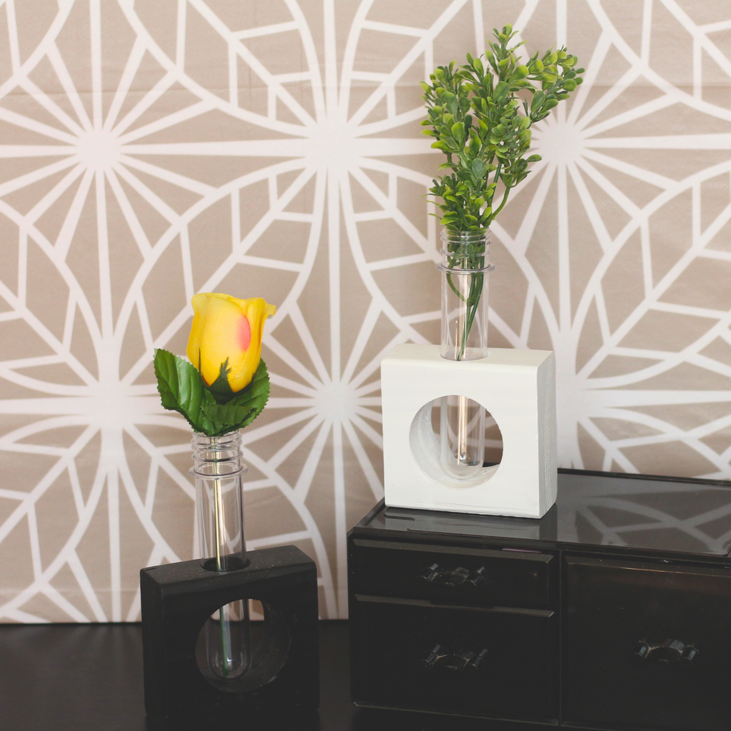Set of 2 black and white Wooden bud vases with test tube flower holders desk decor